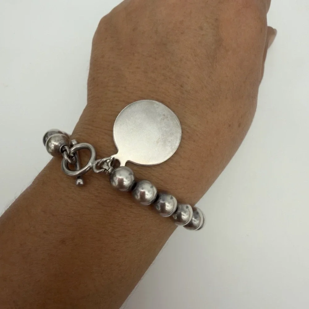 Vintage Sterling Silver 925 Ball Bead Toggle Bracelet Engravable Charm Sz 7